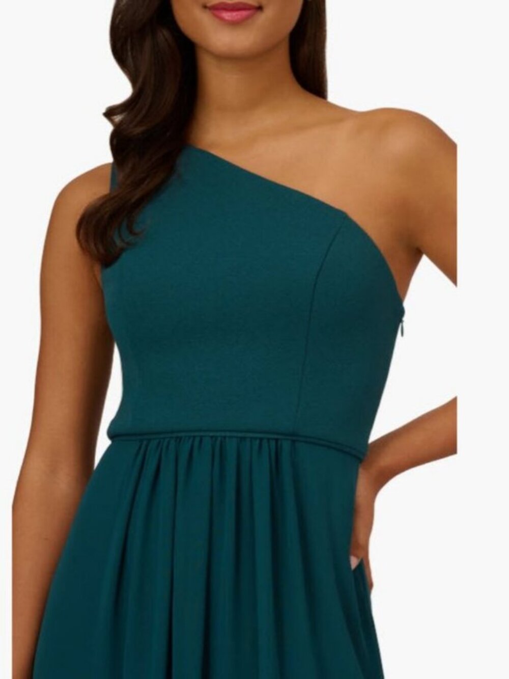 Adrianna Papell Teal One Shoulder Crepe Chiffon Gown (size 6) - Picture 3 of 14